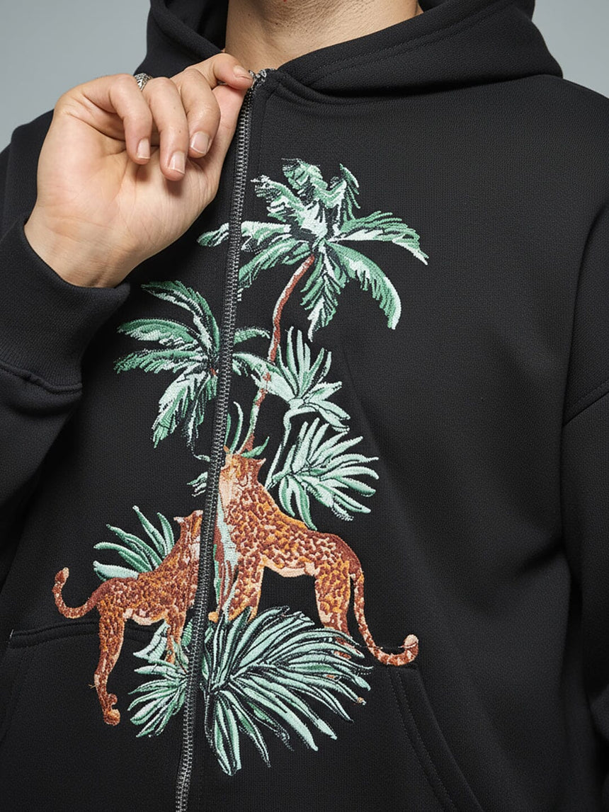 Black Tropical Tiger Embroidered Hoodie Sweatshirts Fugazee