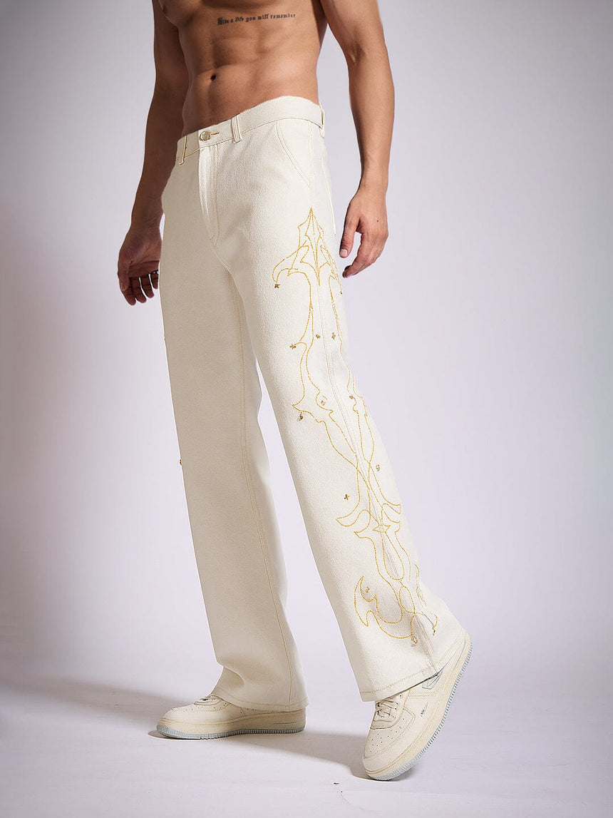 White Mayan Embroidery Riveted Flared Denim Jeans Fugazee