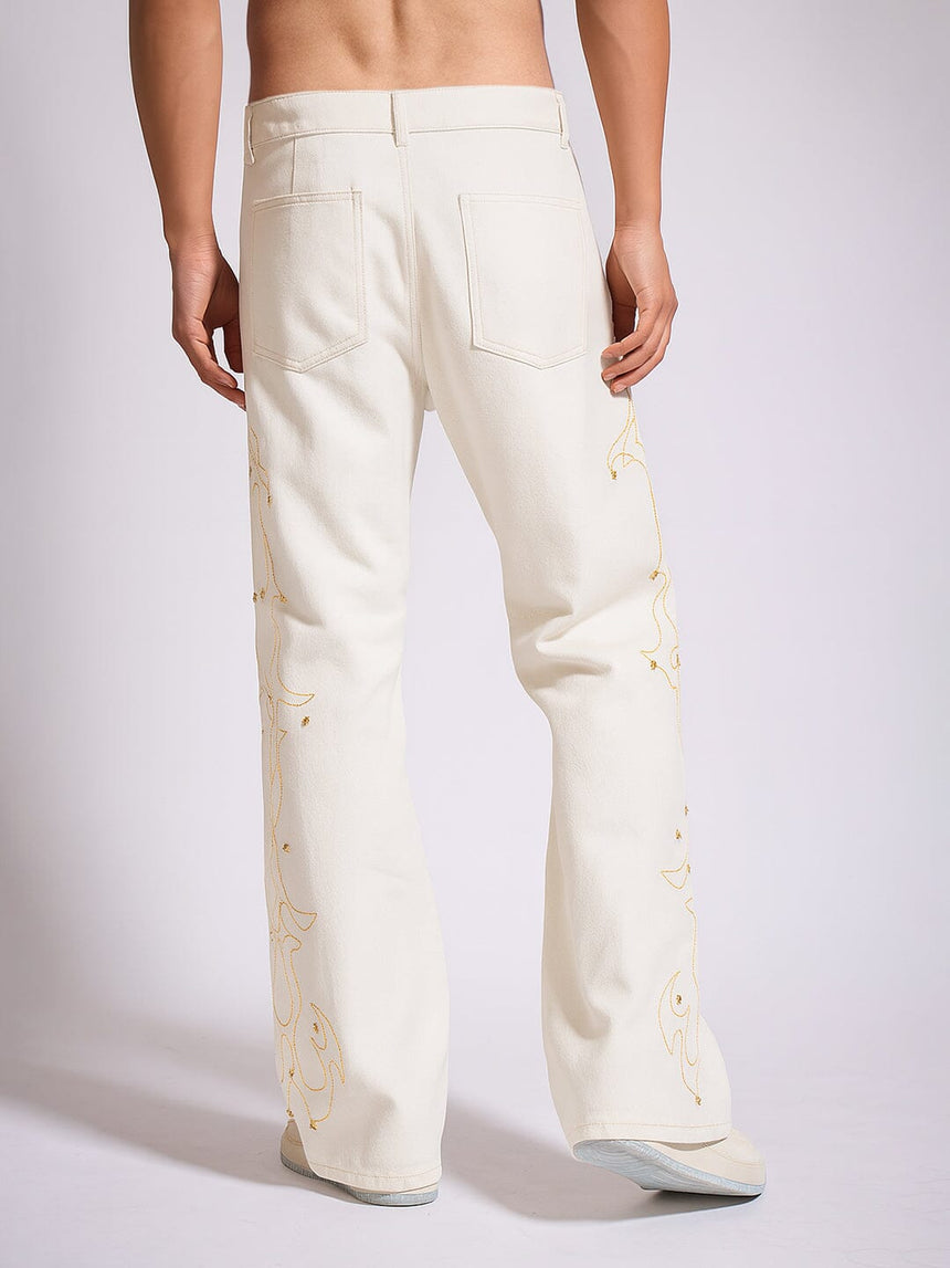 White Mayan Embroidery Riveted Flared Denim Jeans Fugazee
