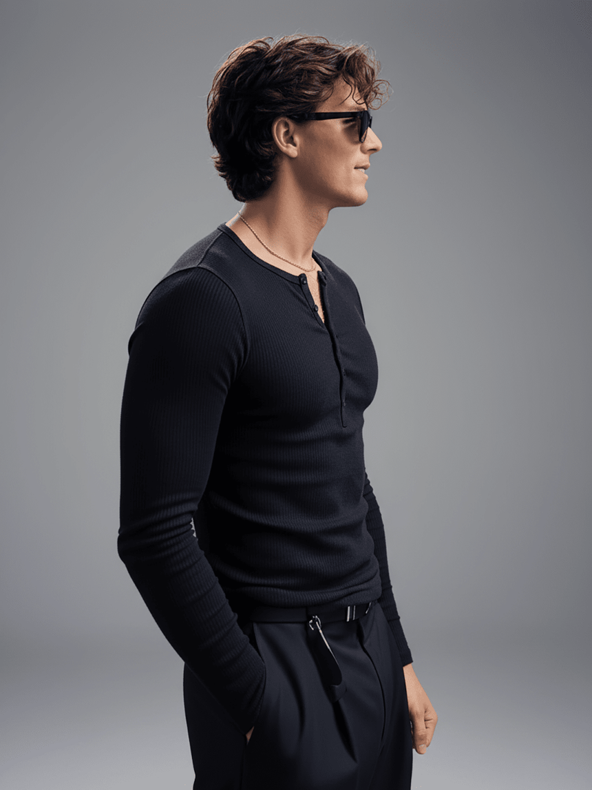 Black Ribbed Henley Longsleeves Tshirt T-Shirts Fugazee