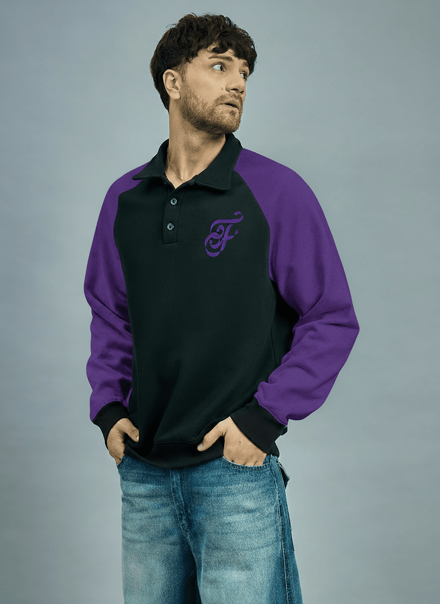 Black & Purple Raglan Polo Sweatshirt Sweatshirts Fugazee