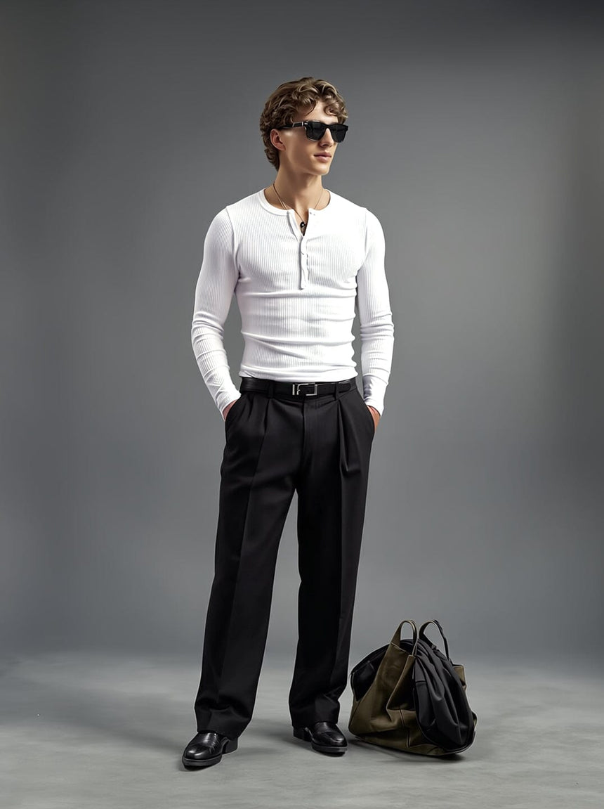 White Ribbed Henley Longsleeves Tshirt T-Shirts Fugazee