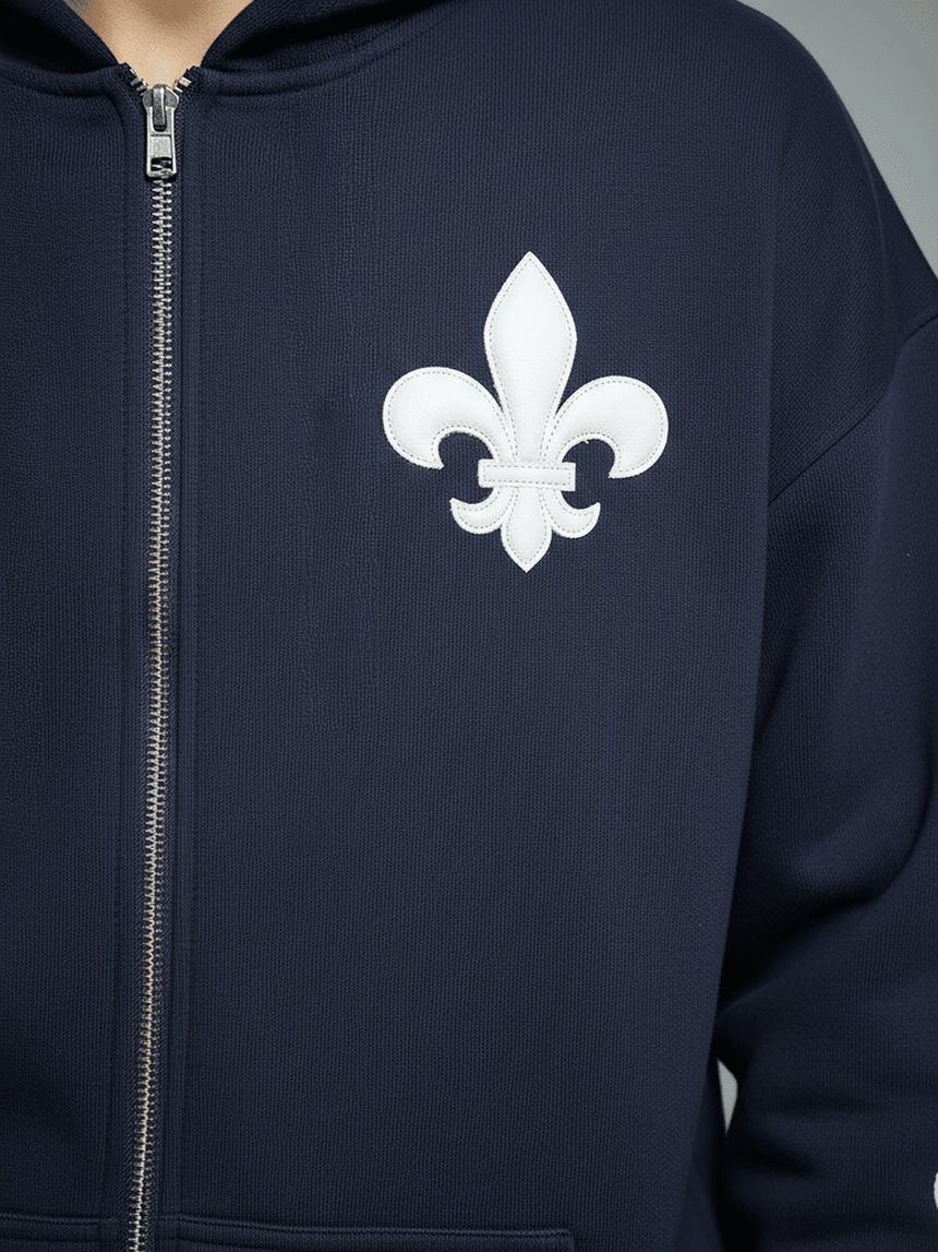 Navy Applique Zipped Hoodie Sweatshirts Fugazee