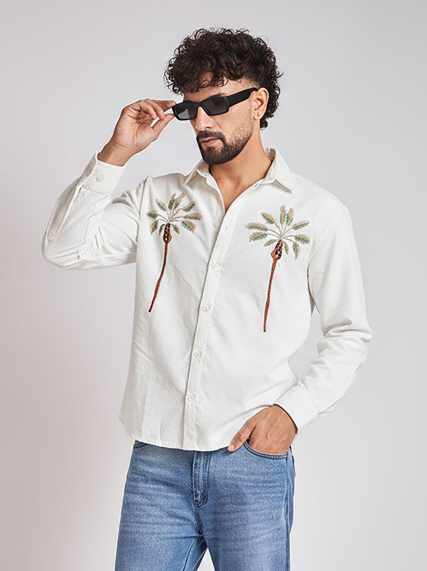 White Palm Embroidery Corduroy Shirt Shirts Fugazee
