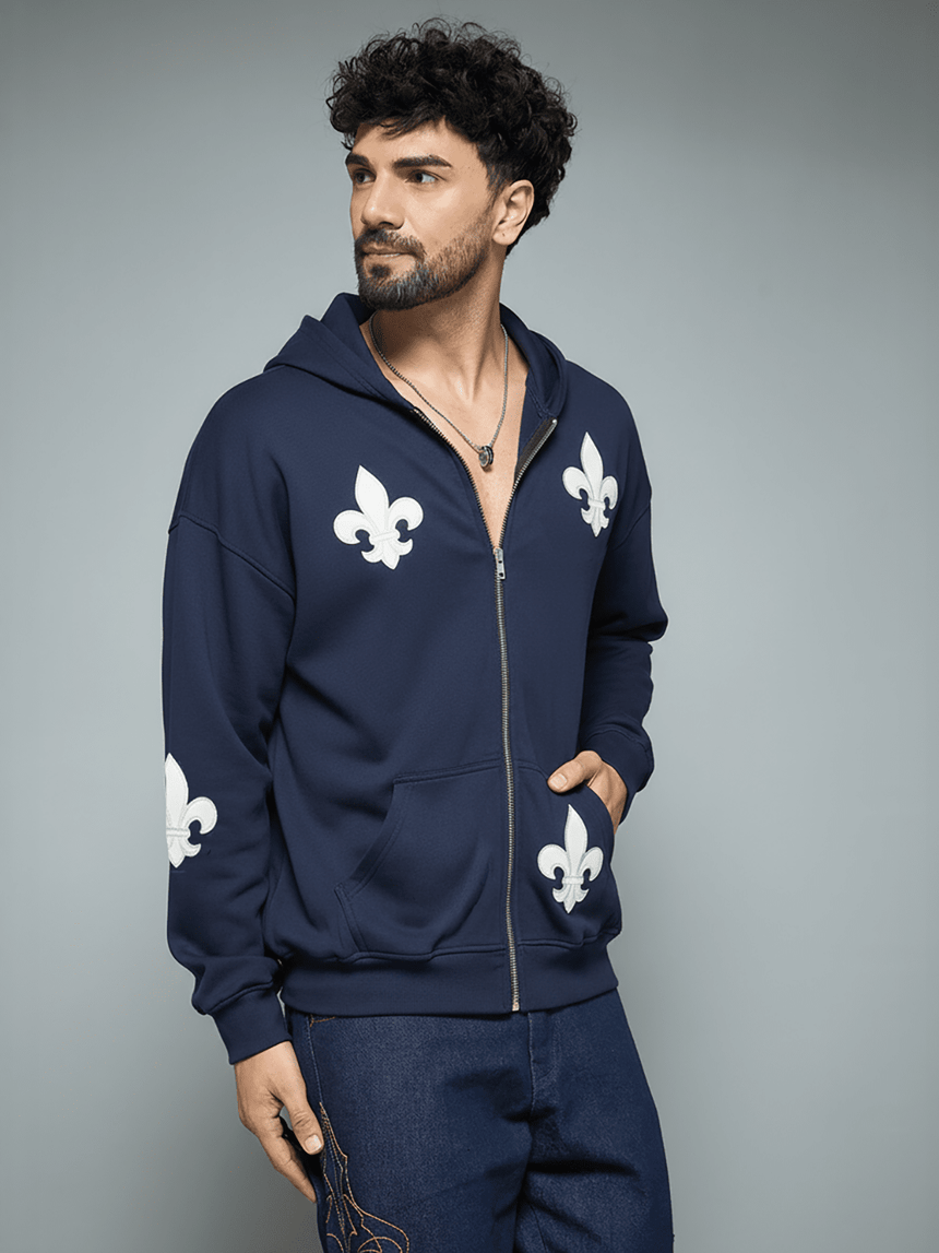 Navy Applique Zipped Hoodie Sweatshirts Fugazee