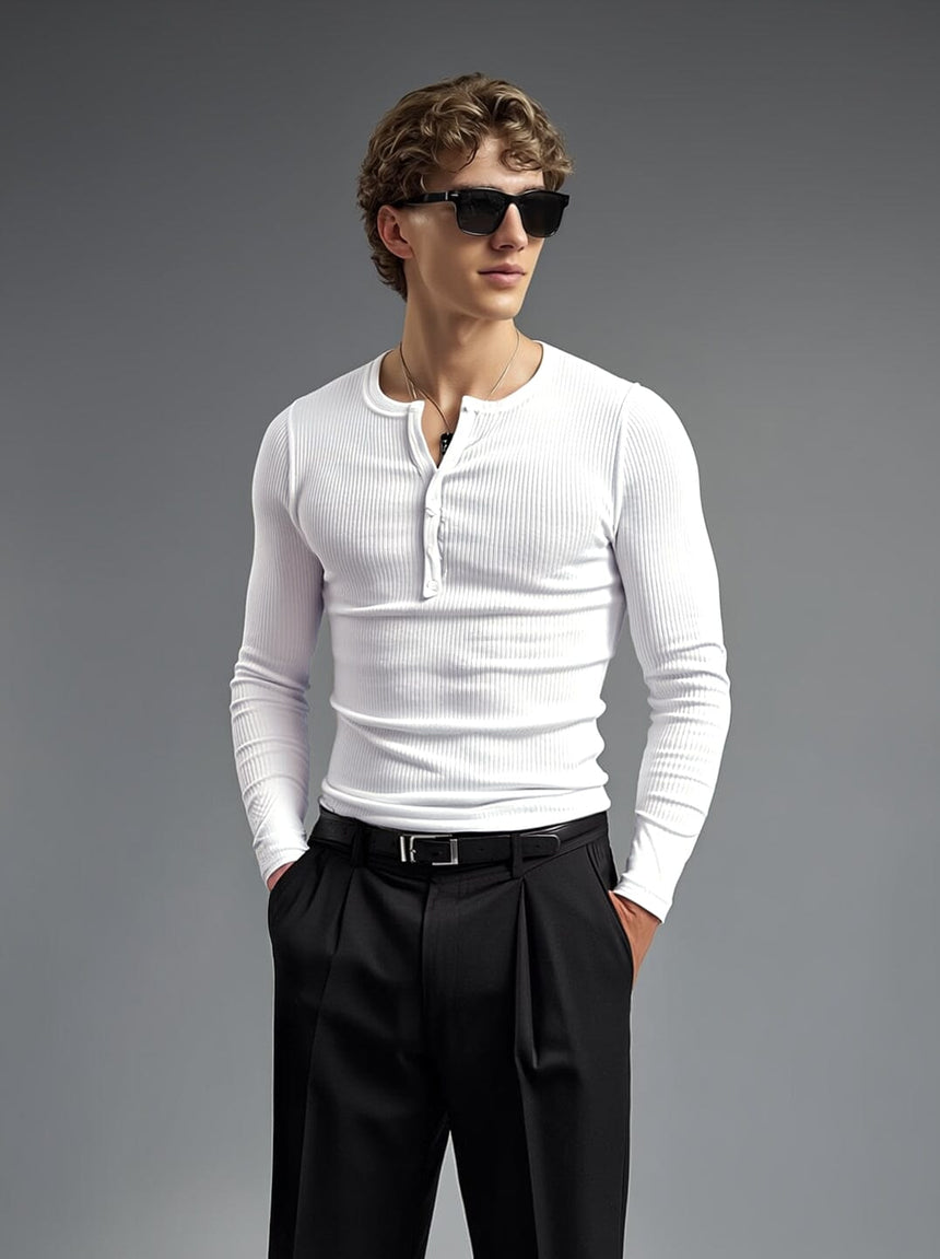 White Ribbed Henley Longsleeves Tshirt T-Shirts Fugazee