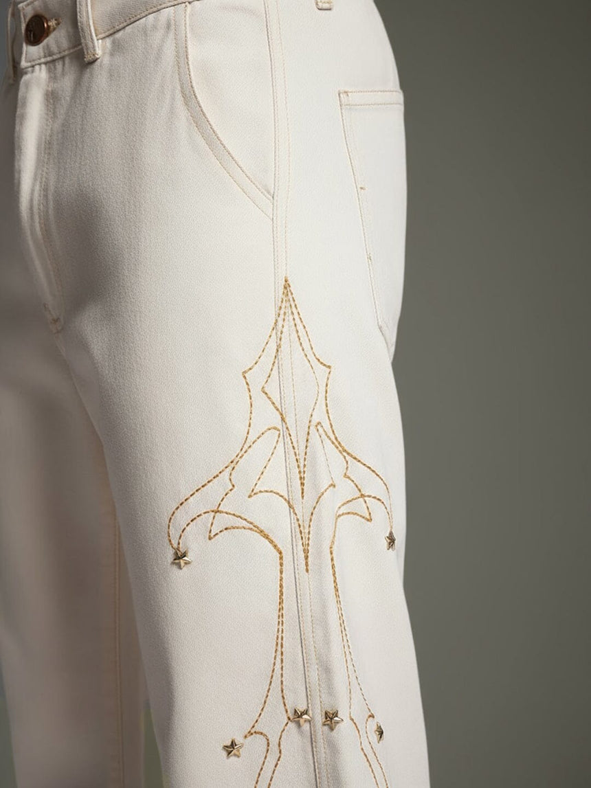 White Mayan Embroidery Riveted Flared Denim Jeans Fugazee