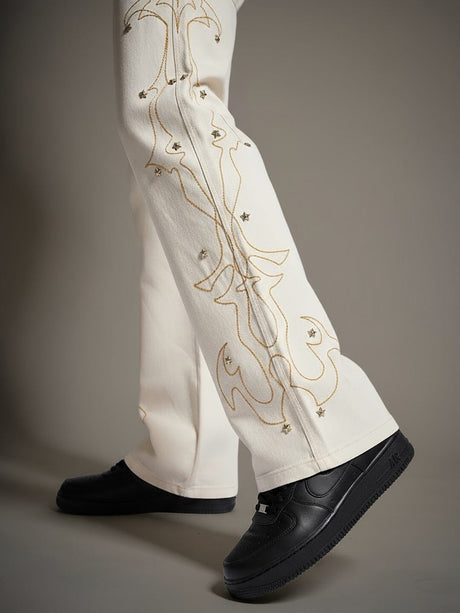 White Mayan Embroidery Riveted Flared Denim Jeans Fugazee