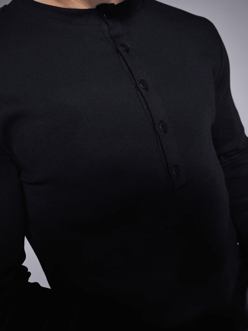 Black Ribbed Henley Longsleeves Tshirt T-Shirts Fugazee