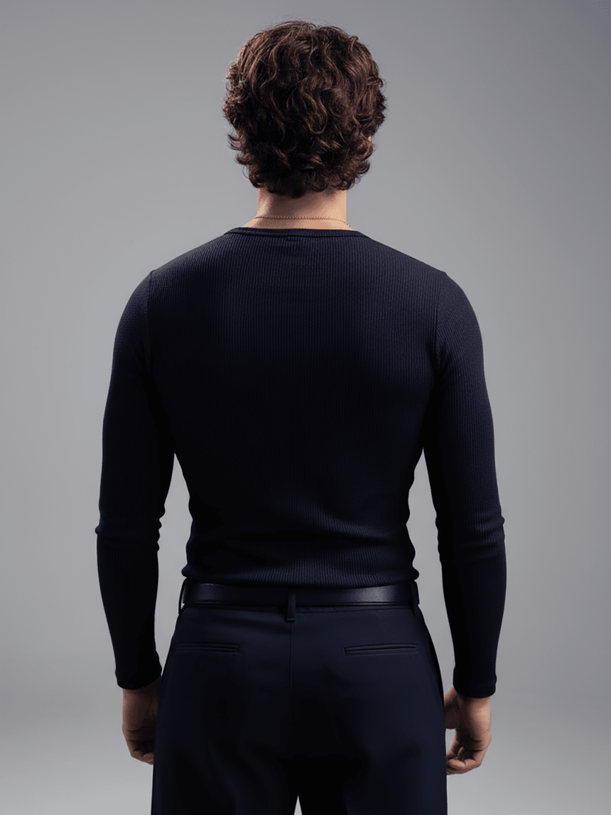 Black Ribbed Henley Longsleeves Tshirt T-Shirts Fugazee