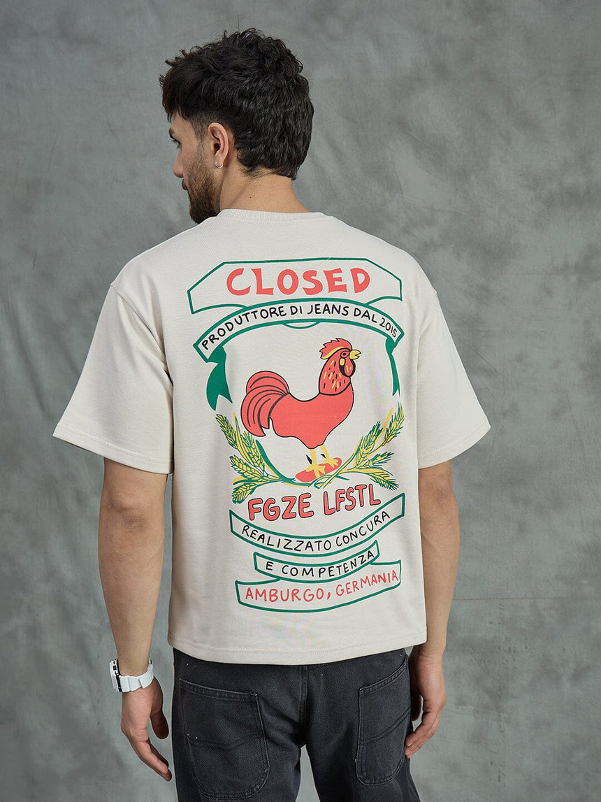 Ecru Rooster Graphic Oversized Tshirt T-Shirts Fugazee