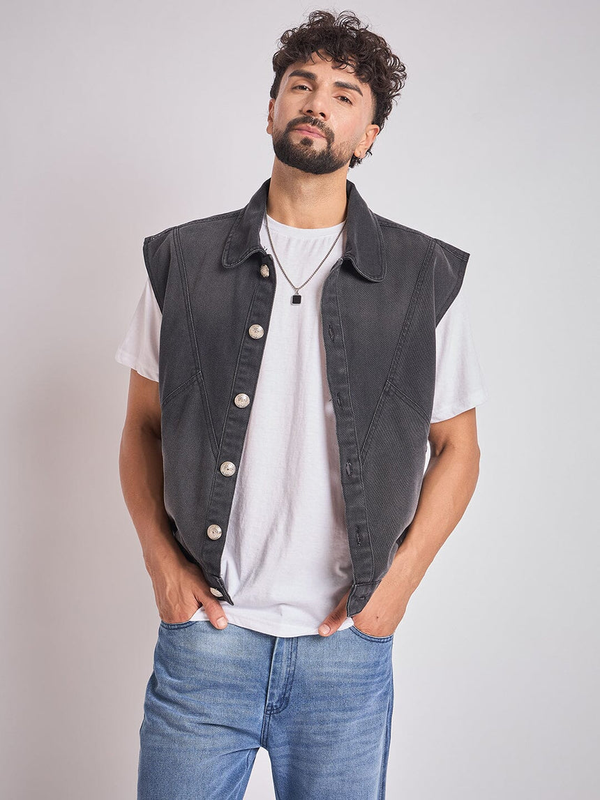 Black Cut-Sew Sleeveless Denim Jacket Jackets Fugazee