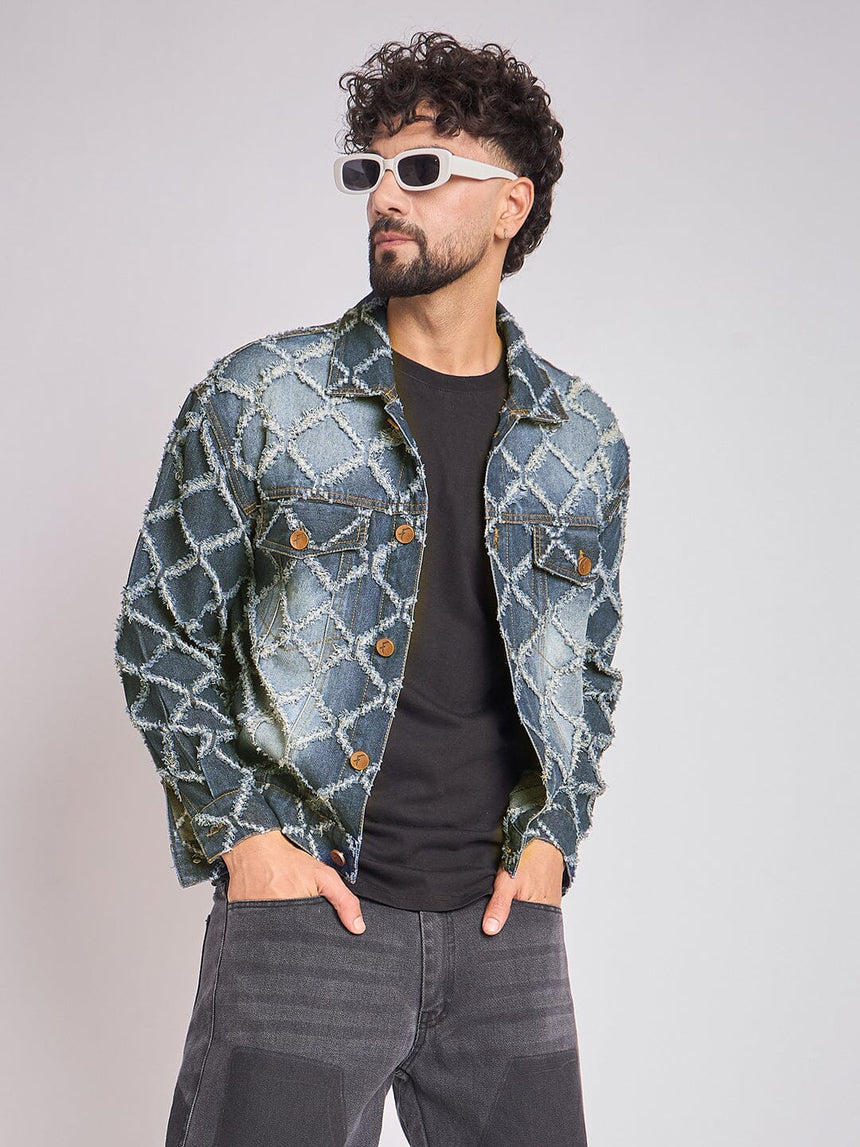 Dark Washed Damaged Patterned Denim Jacket Jackets Fugazee
