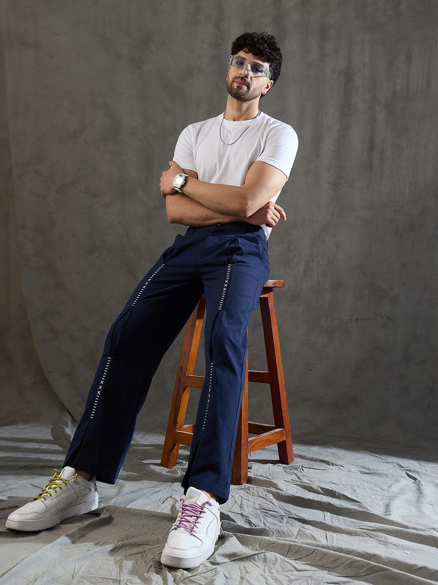 Navy Pleated Embroidered Trousers Trousers Fugazee