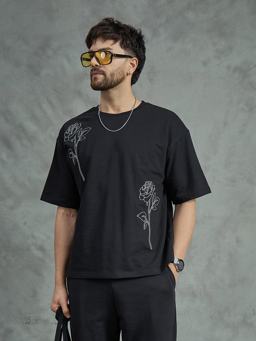 Black Rose Embroidery Oversized Tee T-Shirts Fugazee