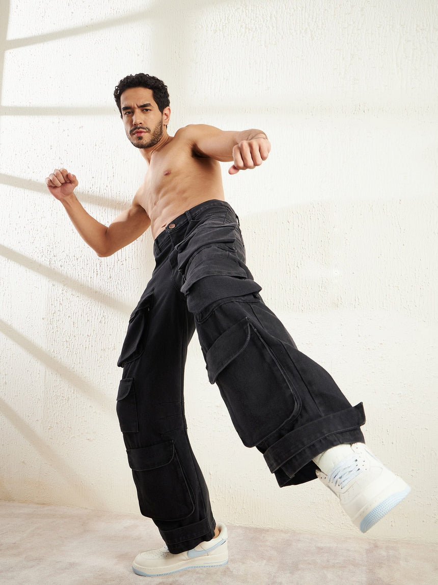 Black Super Baggy Cargo Denim Jeans Fugazee