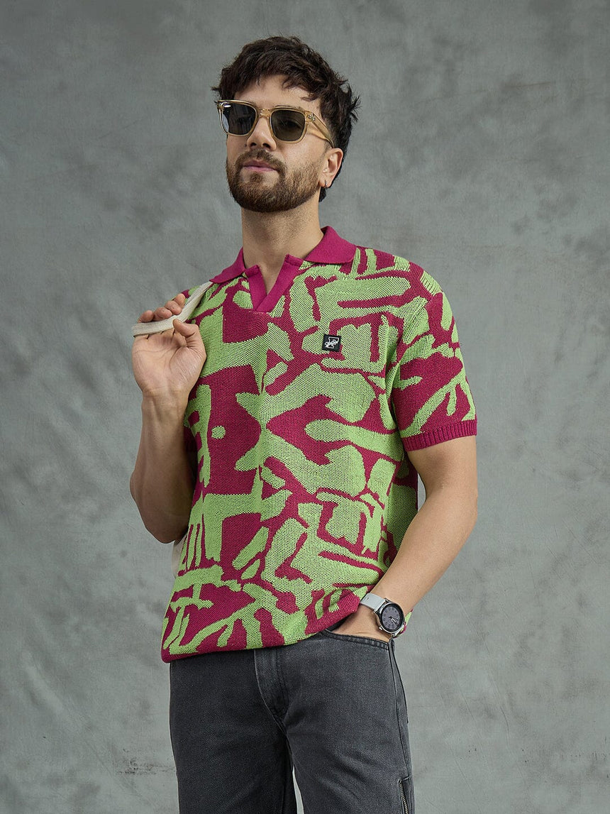 Purple and Green Abstract Knitted Polo Tshirt T-Shirts Fugazee