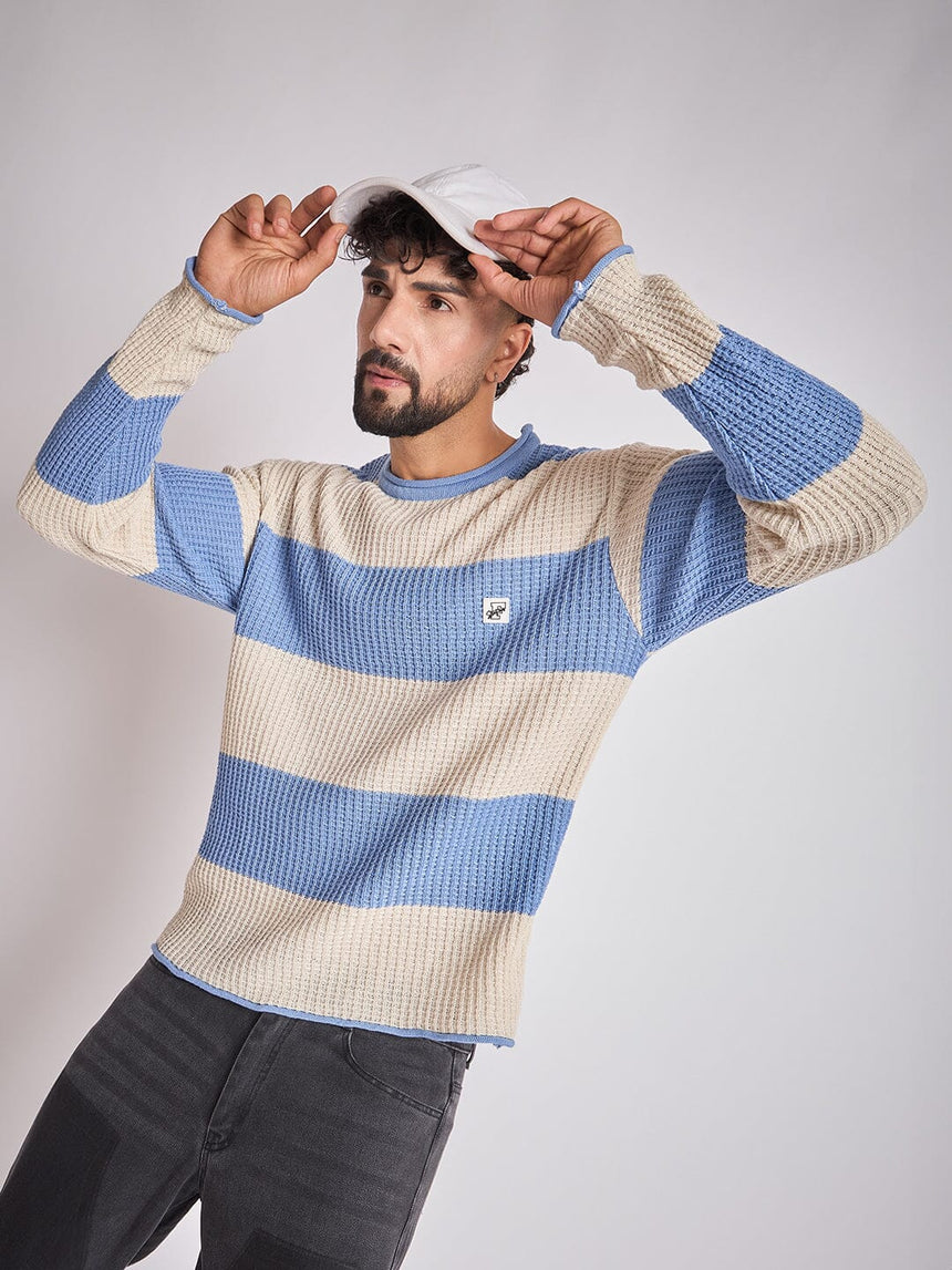 Sky and Cream Striped Raw Edge Sweater Sweaters Fugazee