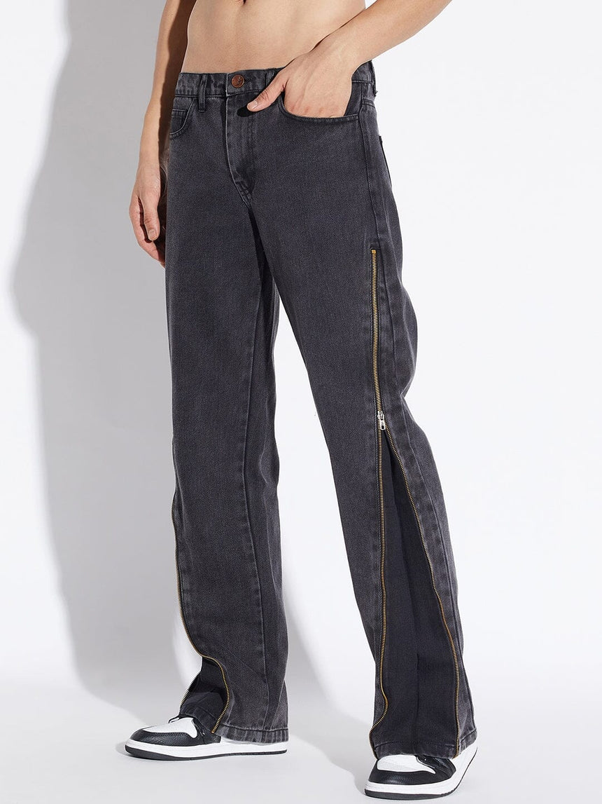 Black Zipped Adjustable Flared Denim Jeans Fugazee