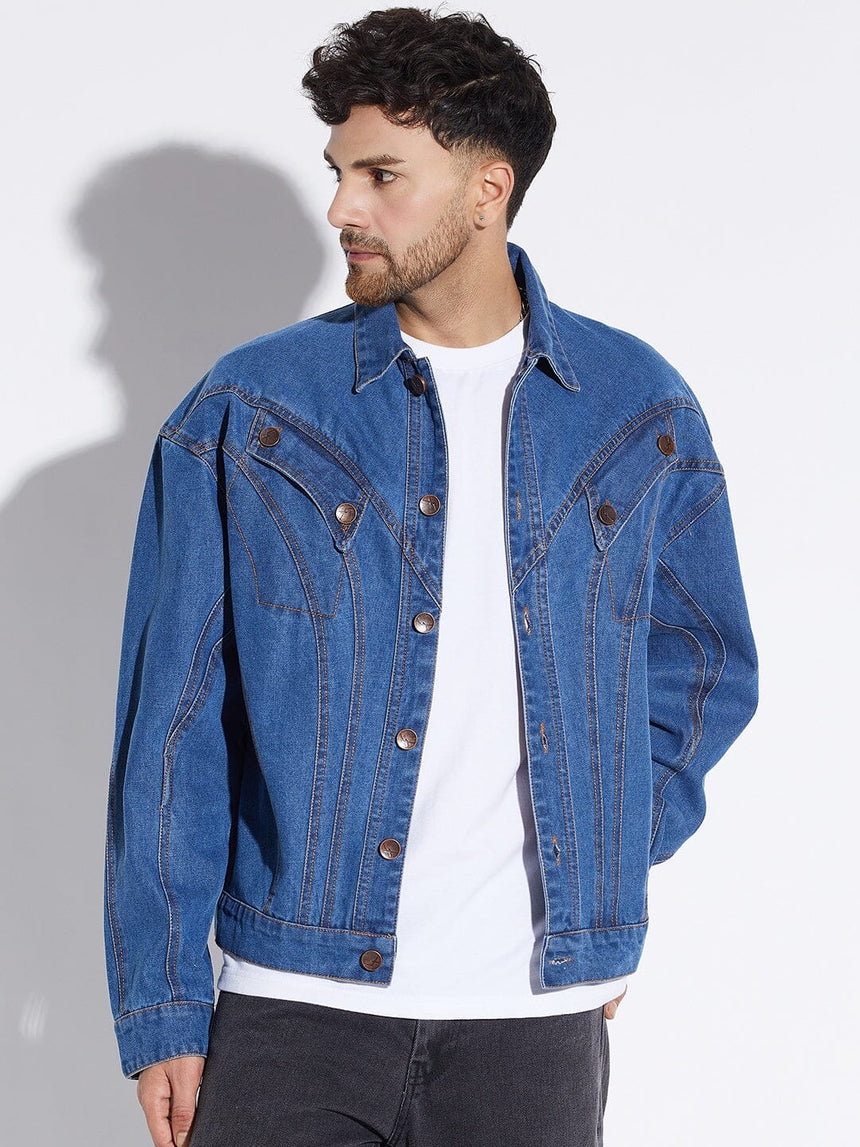 Mid Wash Wavy Panelled Oversized Denim Jacket Jackets Fugazee