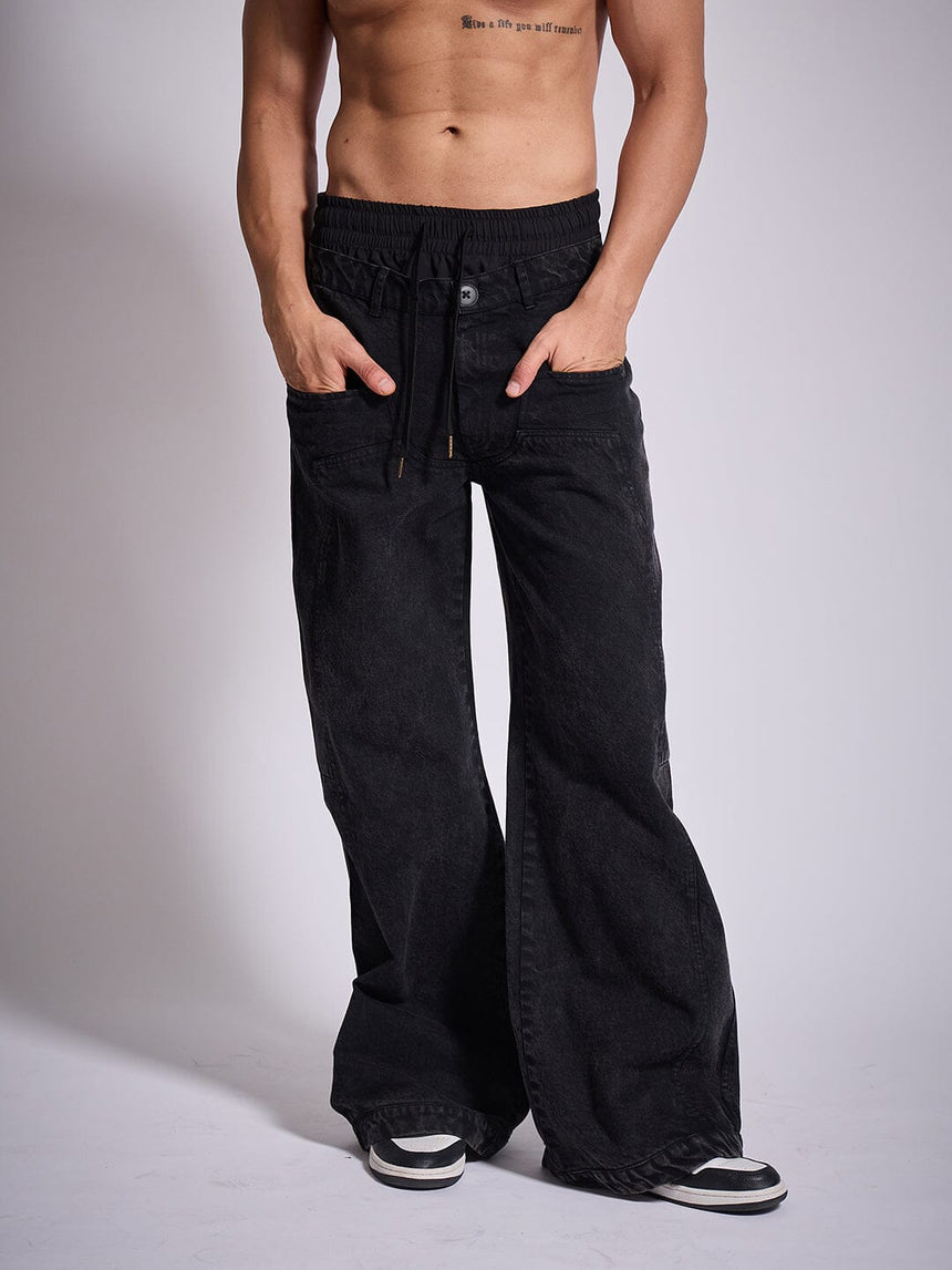 Black Double Waisted Panel Denim Jeans Fugazee
