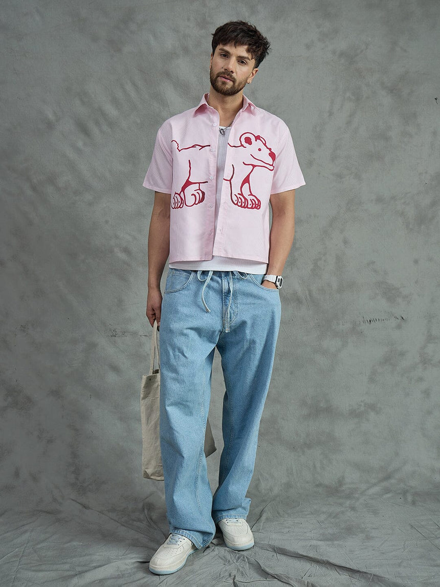 Pink Striped Dog Cropped Shirt With White Vest Shirts Fugazee