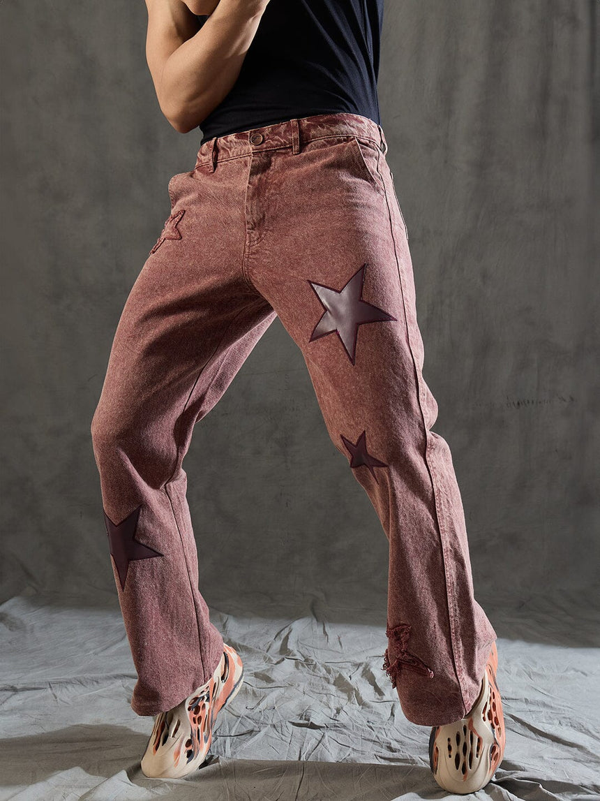 Copper Brown Star Embroidery Flared Denim Jeans Fugazee