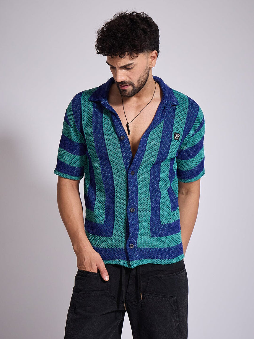 Green & Blue Striped Crochet Shirt Shirts Fugazee