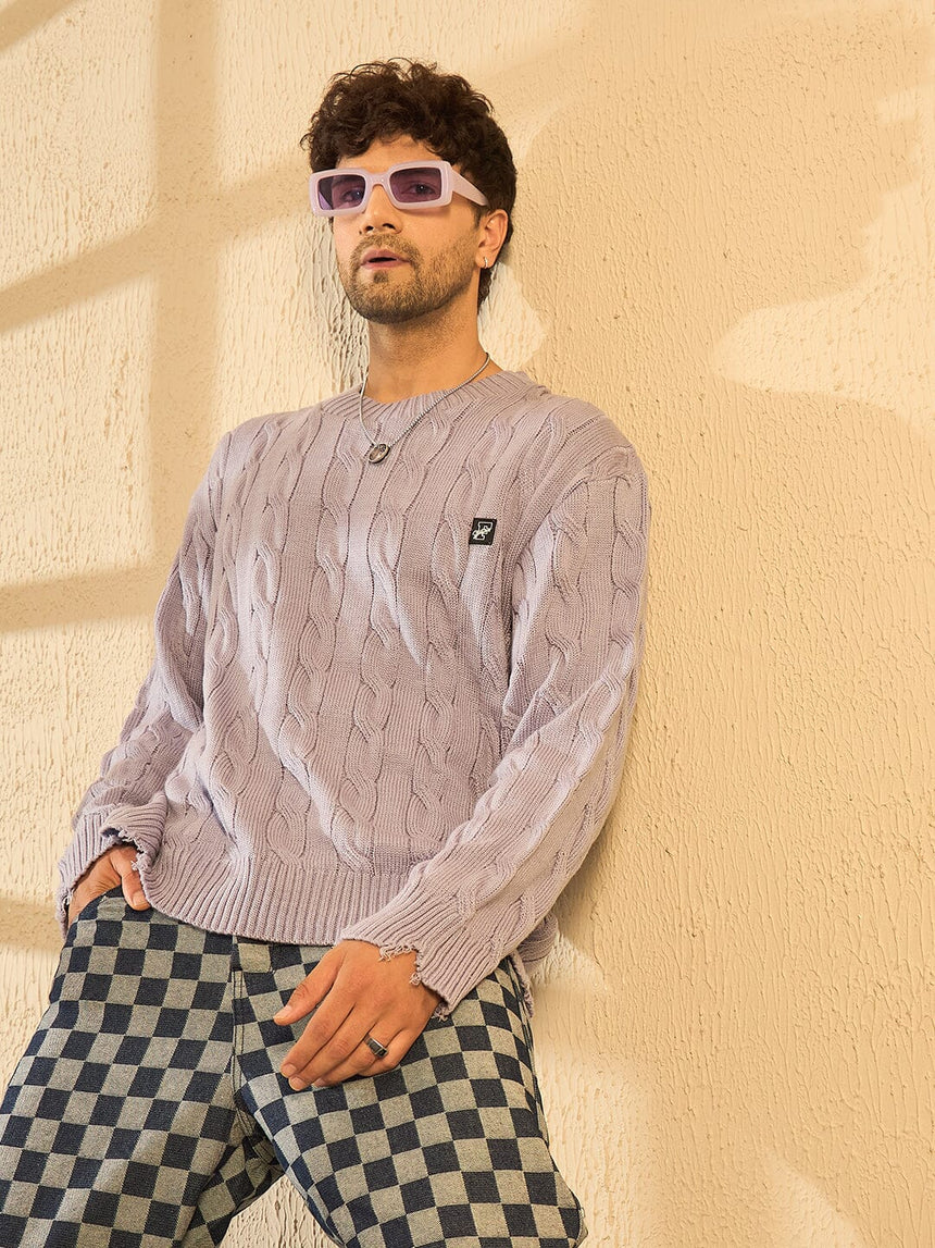 Lavender Cabel Knit Distressed Sweater Sweaters Fugazee