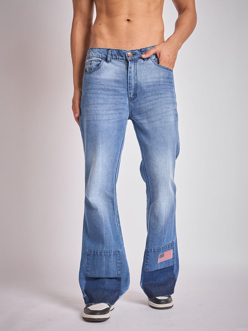 Indigo Super Flared Cut & Sew Denim Jeans Fugazee