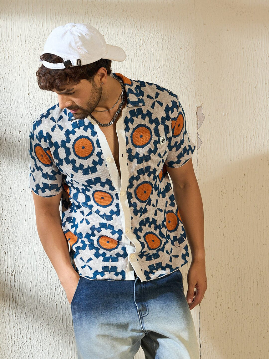Navy & Orange Symmetrical Graphic Crochet Shirt Shirts Fugazee
