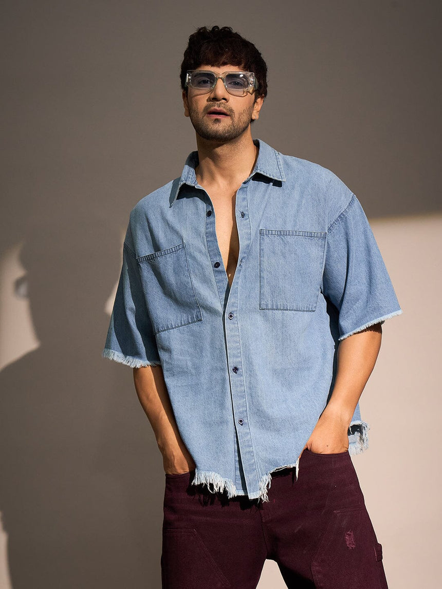 Ice Damaged Hem Short Sleeve Oversized Shirt Shirts Fugazee