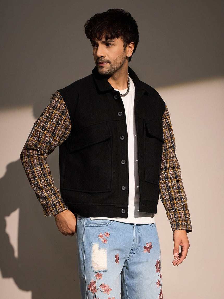 Black Woollen Contrast Sleeves Aviator Jacket Jackets Fugazee