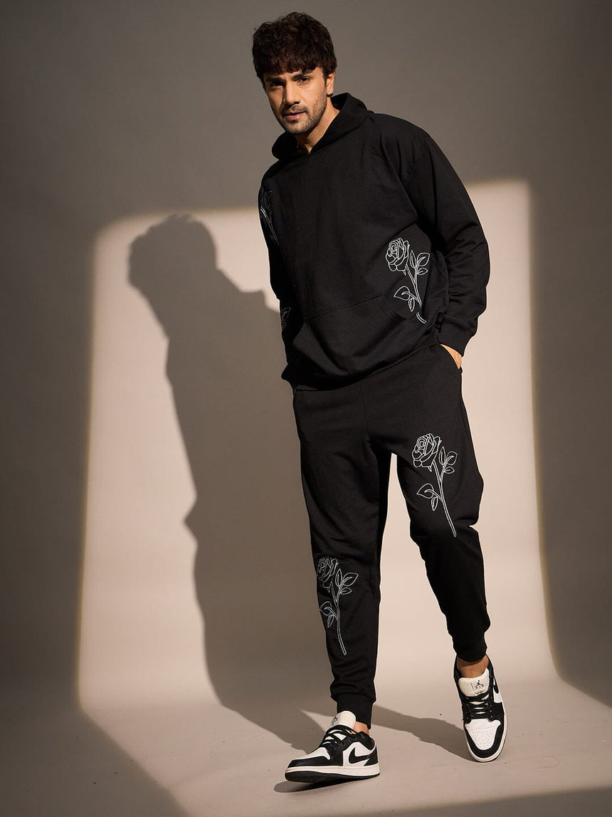 Black Rose Embroidered Oversized Tracksuit Tracksuits Fugazee