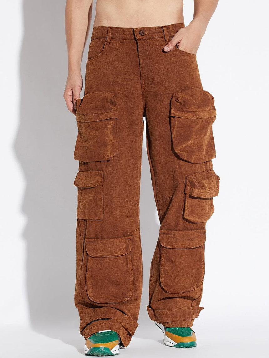 Brown Super Baggy Cargo Denim Jeans Fugazee