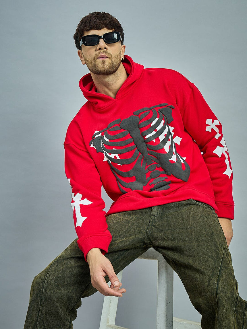 Red Fleece Rib Cage Graphic Oversized Hoodie Sweatshirts Fugazee