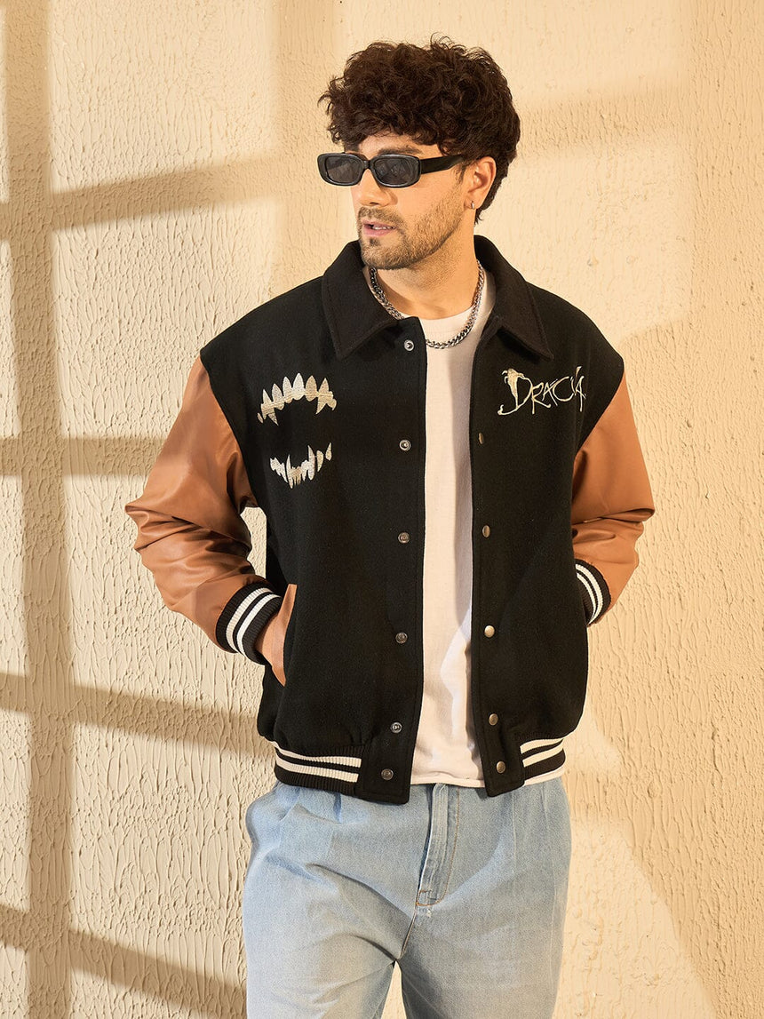 Black Dracula Embroidery Woollen Varsity Jacket Jackets Fugazee