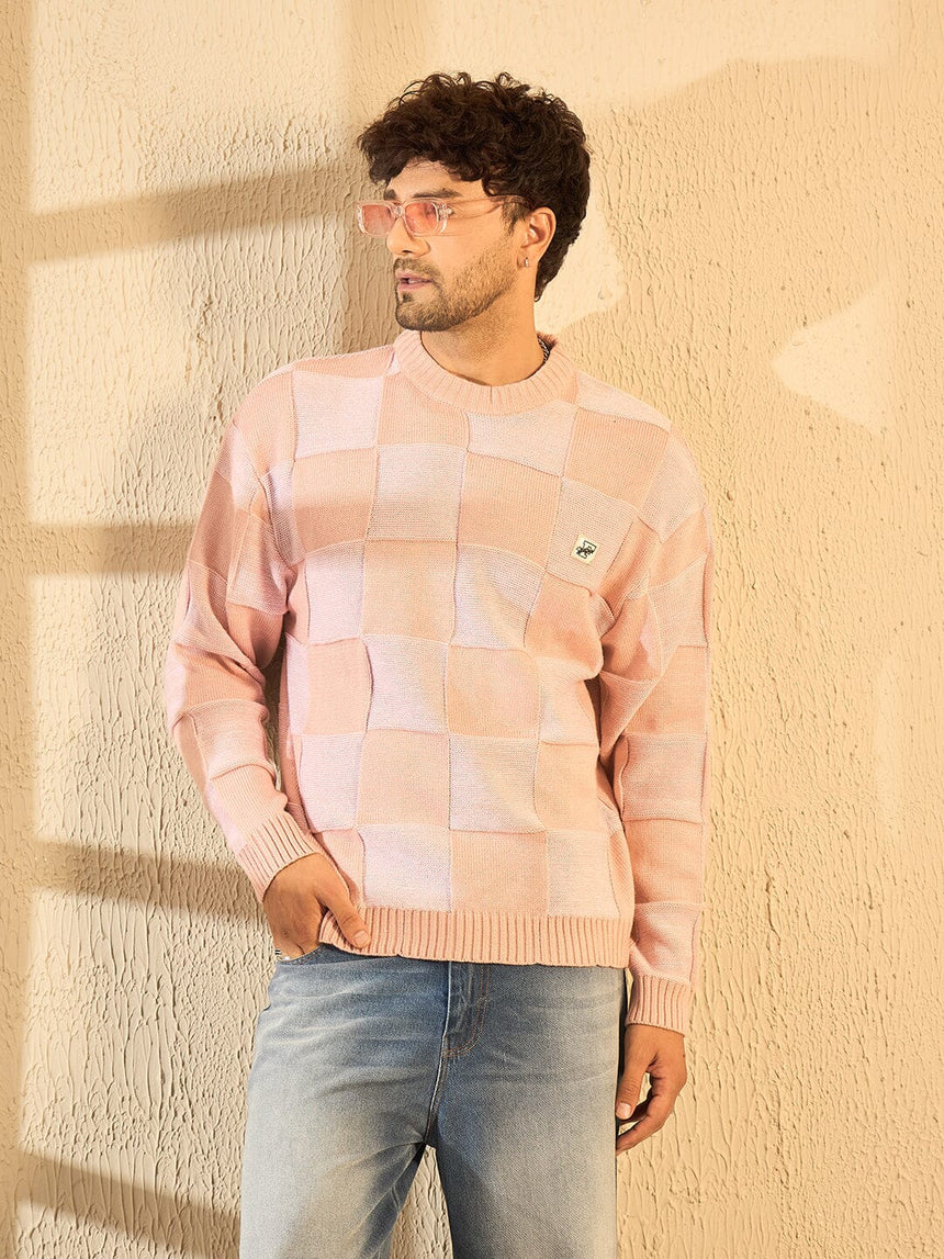 Peach Checkered Oversized Sweater Sweaters Fugazee