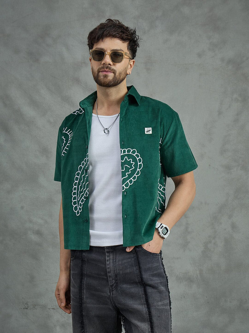 Green Corduroy Cropped Embroidery Shirt With White Vest Shirts Fugazee
