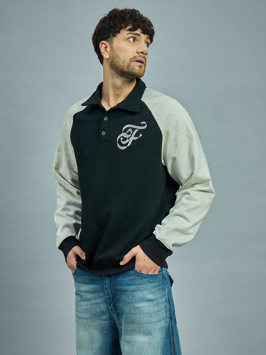 Black & Ecru Raglan Monogram Polo Sweatshirt Sweatshirts Fugazee