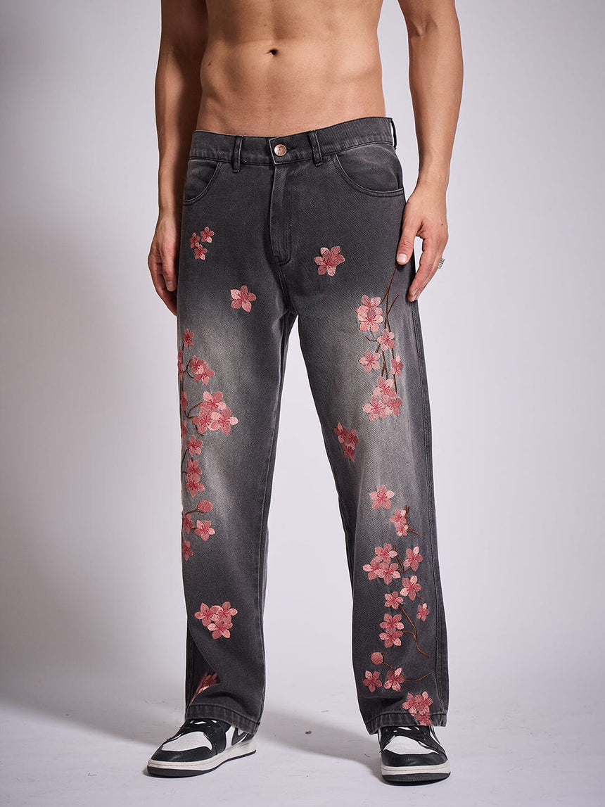 Grey Tint Cherry Blossom Straight Fit Denim Jeans Fugazee