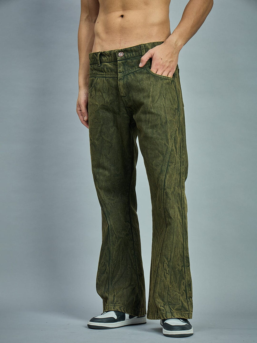 Olive Grunge Dyed Flared Denim Jeans Fugazee