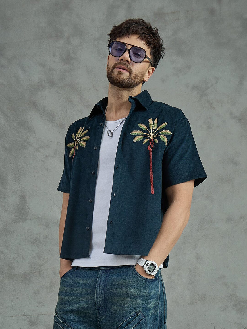 Navy Palm Embroidery Cropped Shirt With White Vest Shirts Fugazee