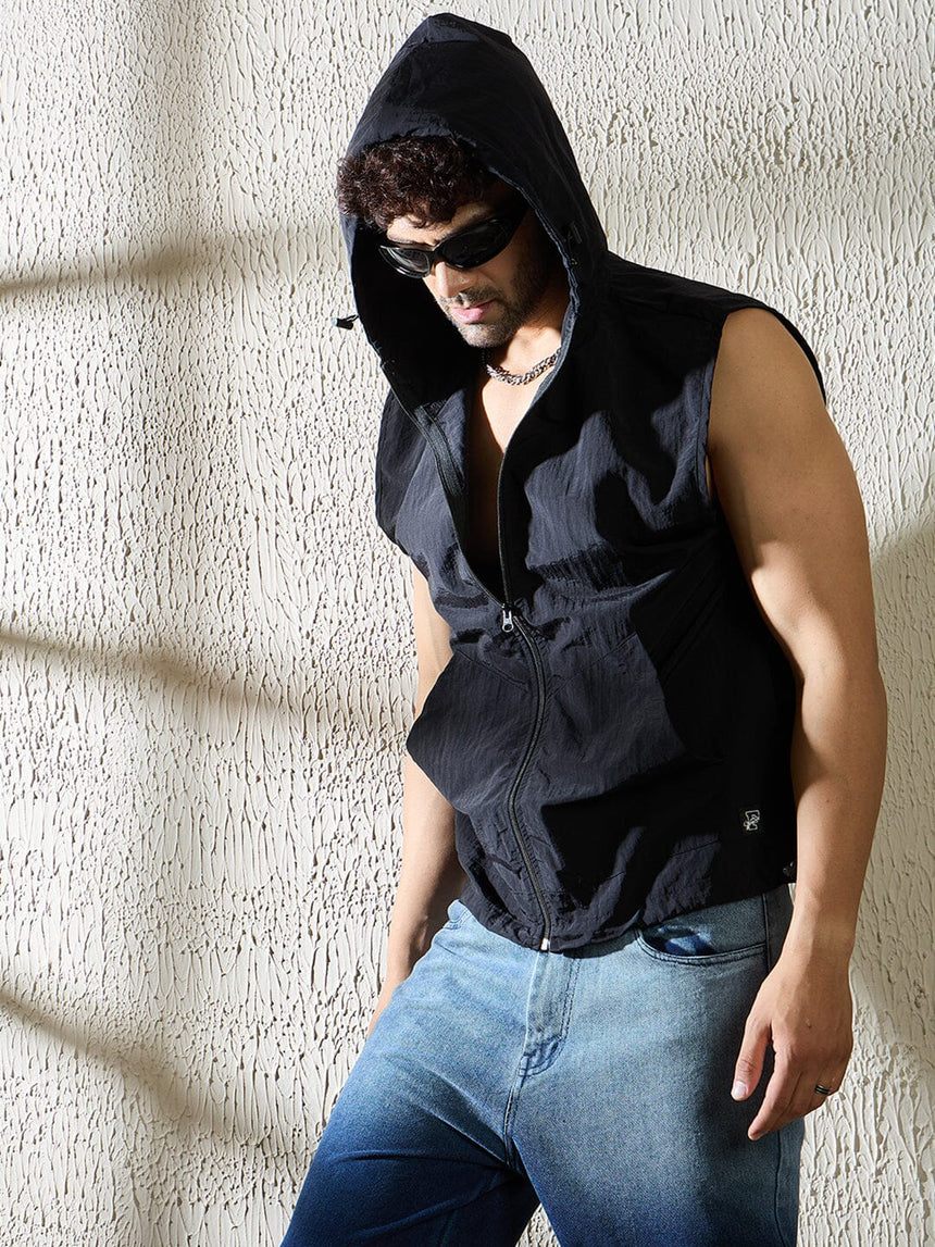 Black Crushed Nylon Sleeveless Windbreaker Jacket Jackets Fugazee