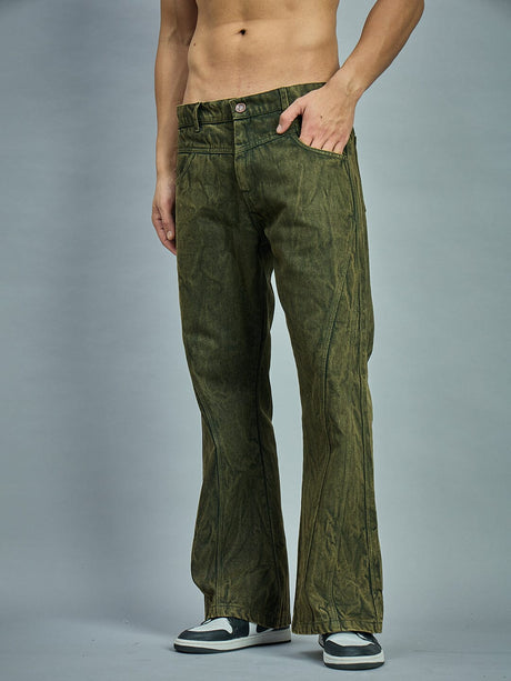 Olive Grunge Dyed Flared Denim Jeans Fugazee