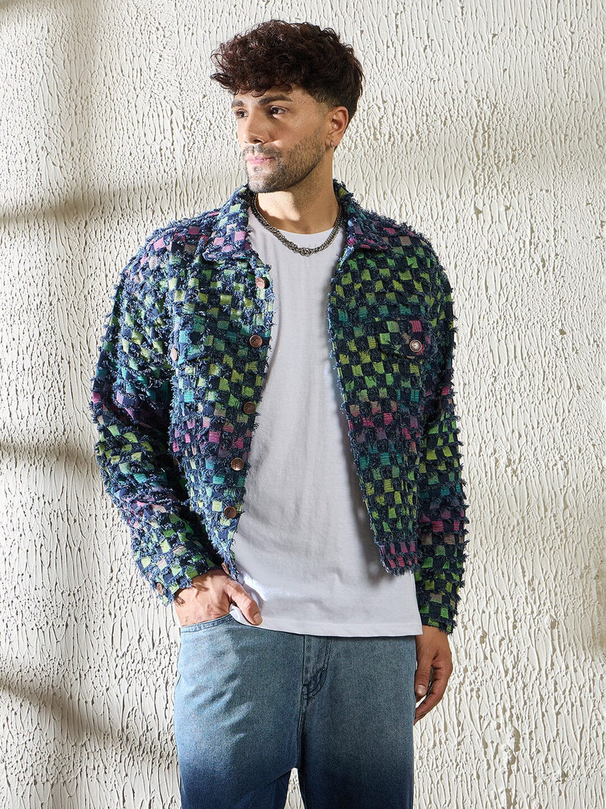 Rainbow Frayed Jacquard Cropped Denim Jacket Jackets Fugazee