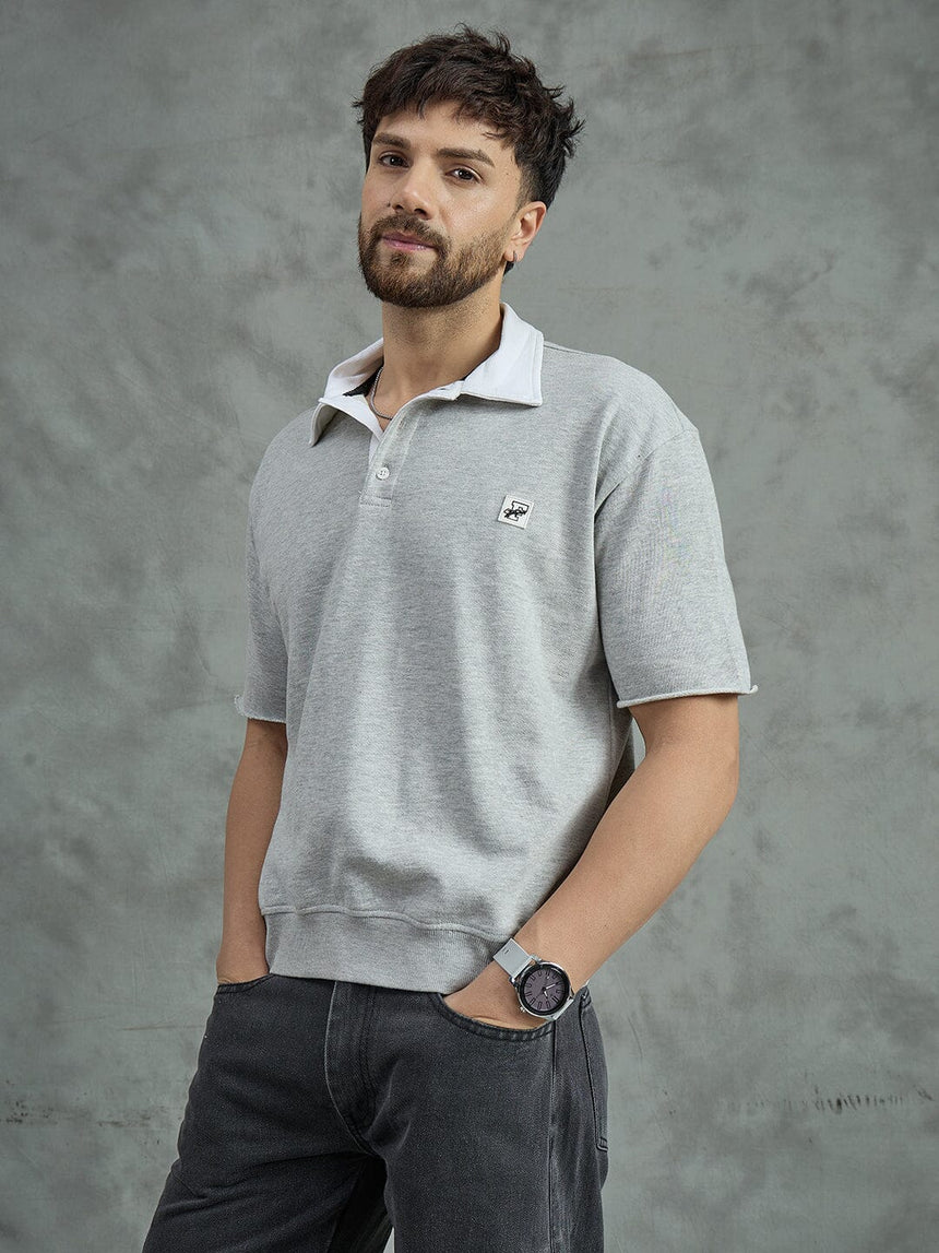 Grey Cropped Raw Edge Polo T-Shirt T-shirts Fugazee