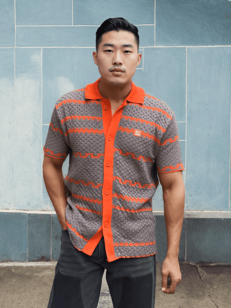 Grey And Orange Striped Crochet Shirt Shirts Fugazee 