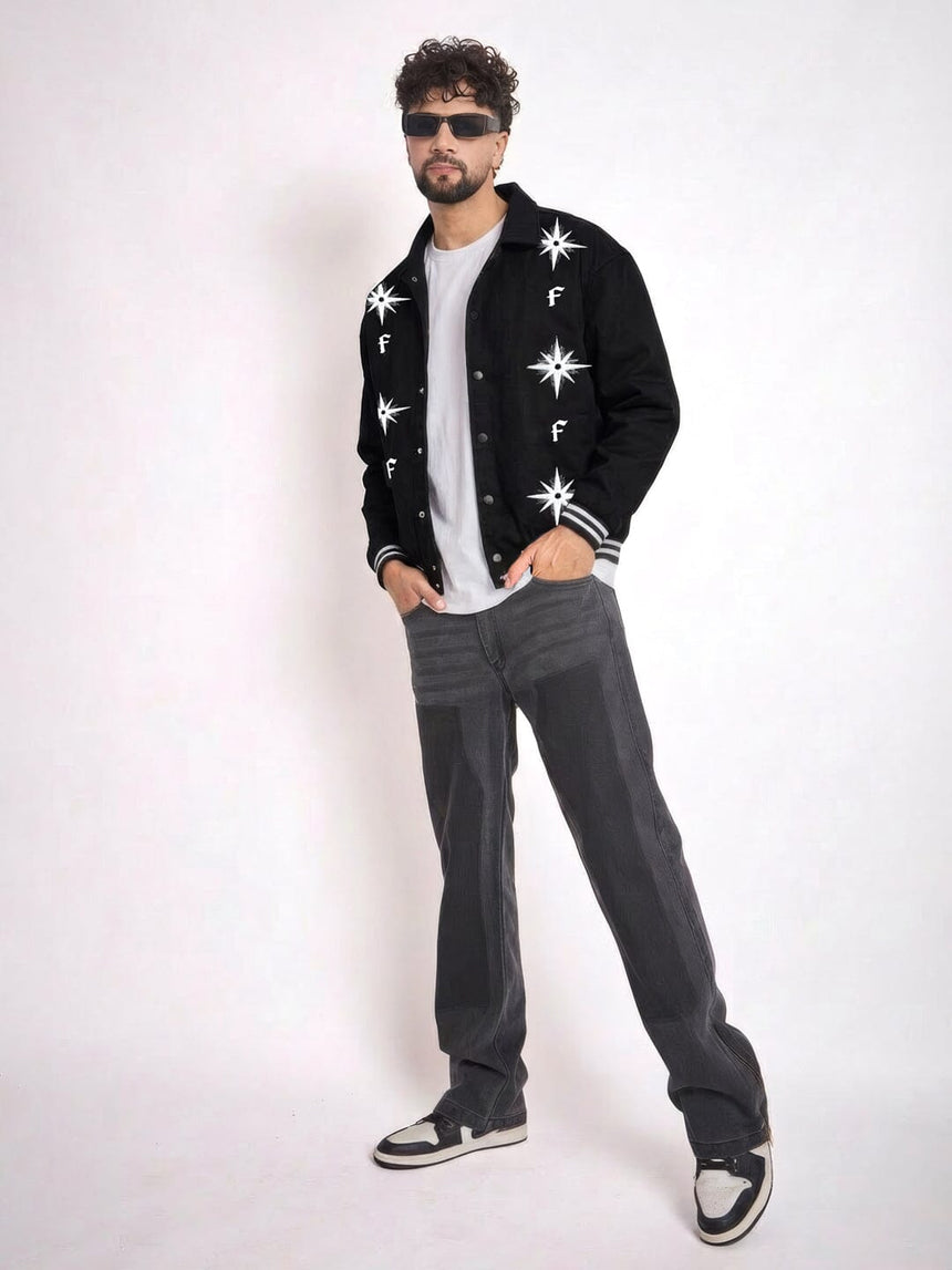 Black Twill Applique Bomber Jacket Jackets Fugazee