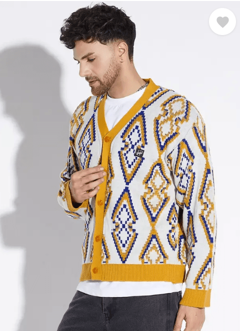 Mustard Abstract Print Cardigan Sweaters Fugazee